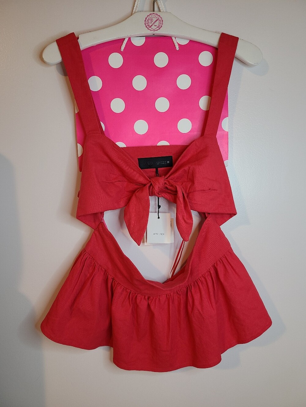 ZARA Linen Ruffle Tie Front Cut-out Peplum Top Size M - Picture 5 of 7